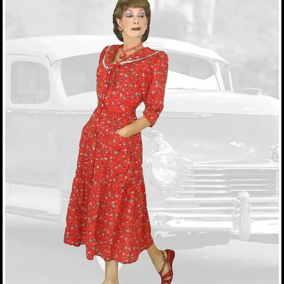 40s Style Red Dress, Sailor Collar Floral Frock with Pockets VFG 80s Vintage - Picture 3 of 14
